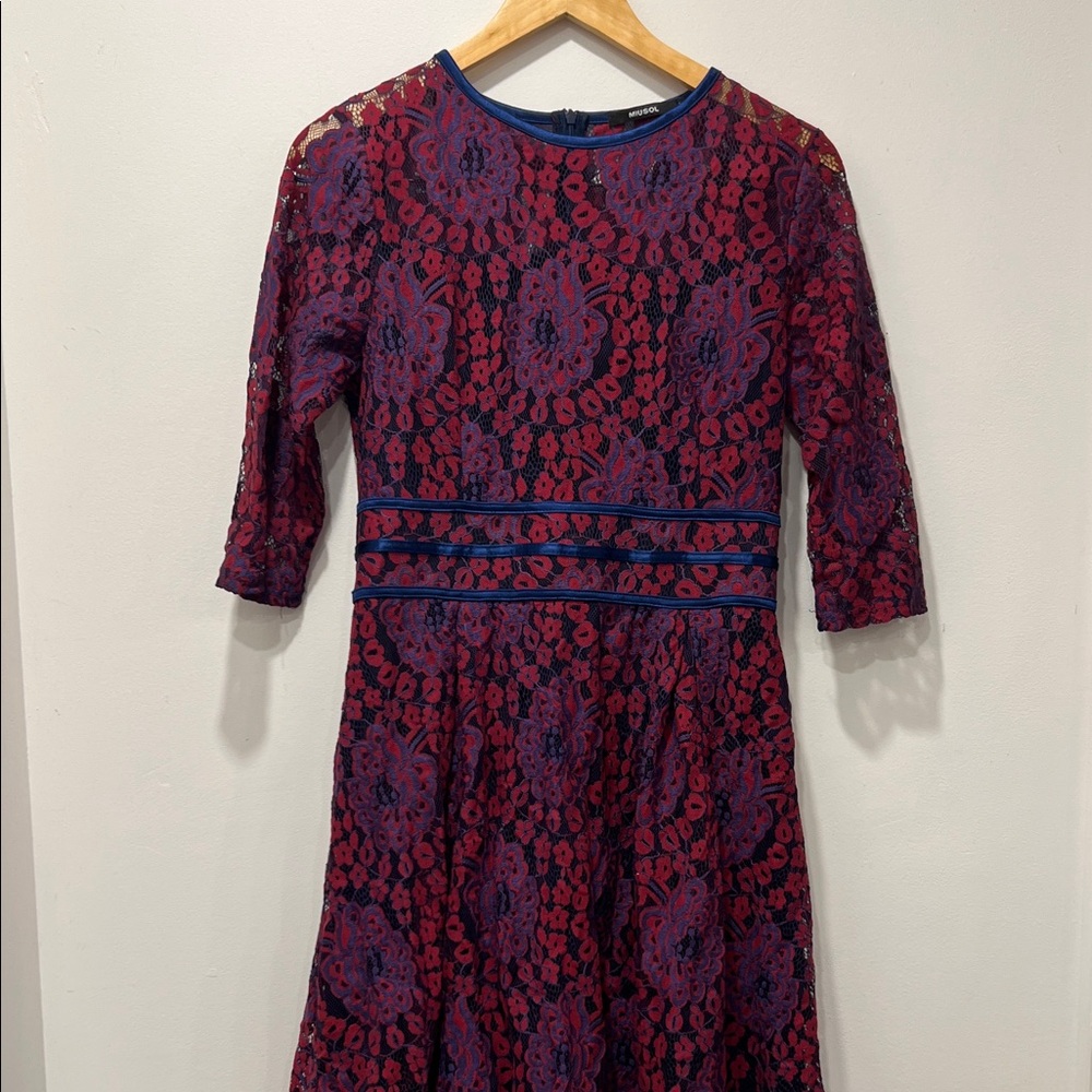 Miusol Red and Blue Lace Long Sleeve Dress